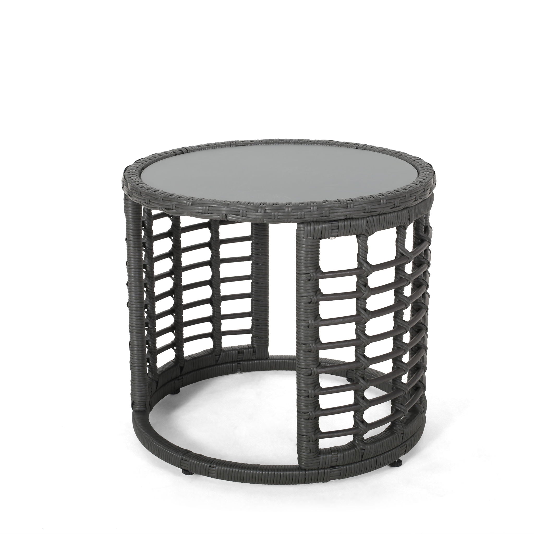 Achill - Outdoor Modern Boho Wicker Side Table With Glass Top - Gray
