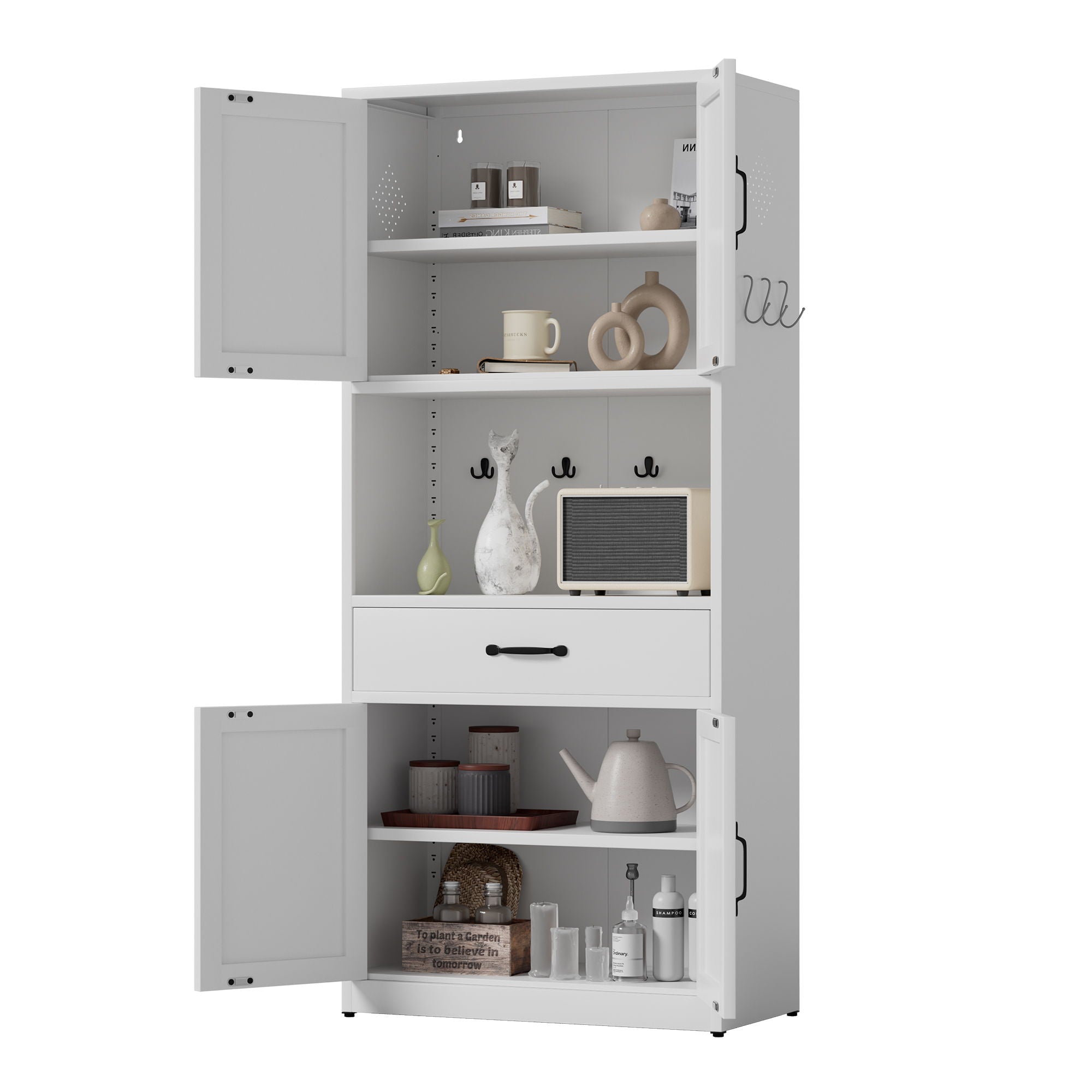 Kitchen Pantry Cabinet With Adjustable Shelves, Drawers, Hooks And Large Countertop - White