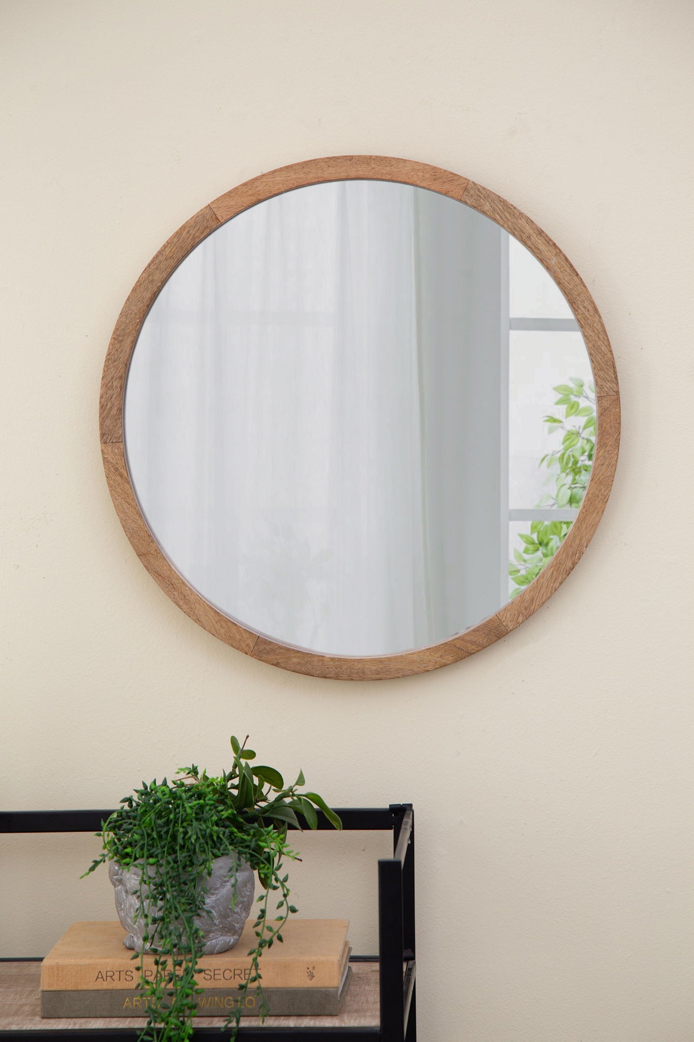 Circle Wall Mirror With Wooden Frame, Wall Mirror For Living Room