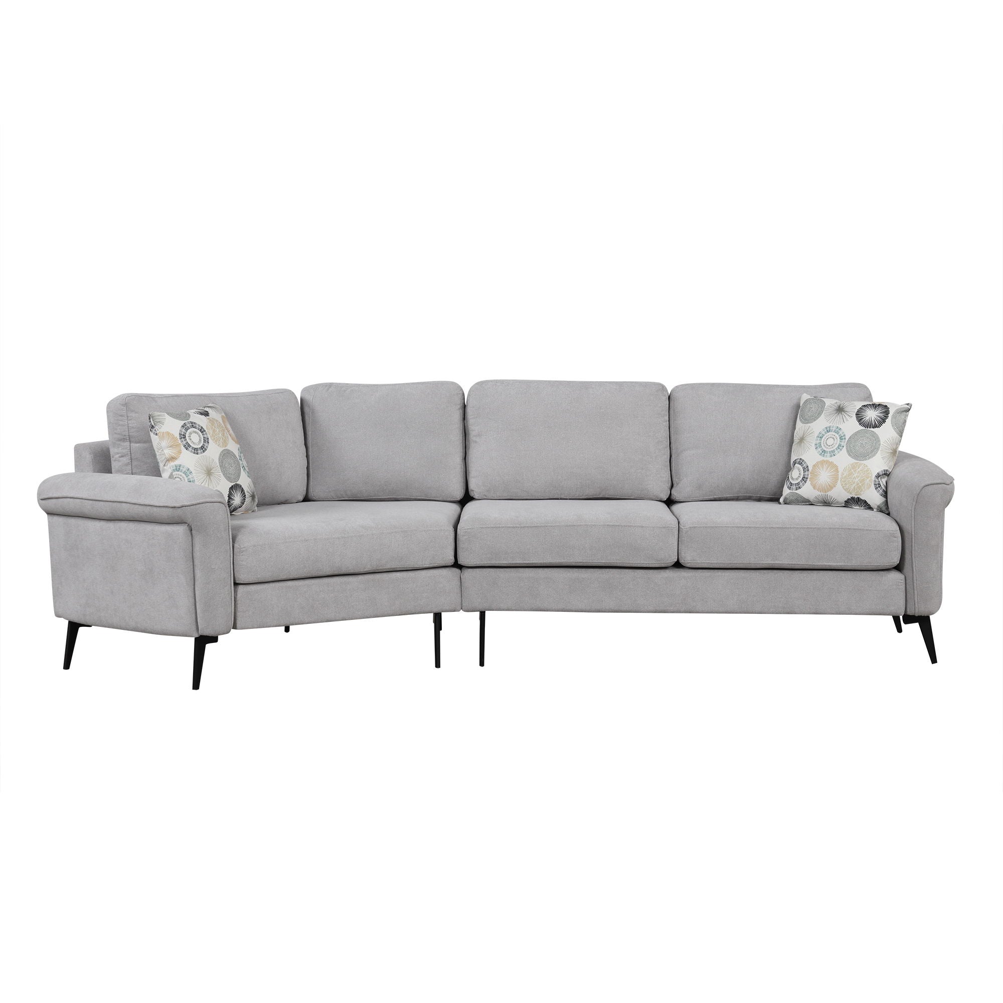 Upholstered 3 Seater Curved Sofa With Printed Pillows Chenille