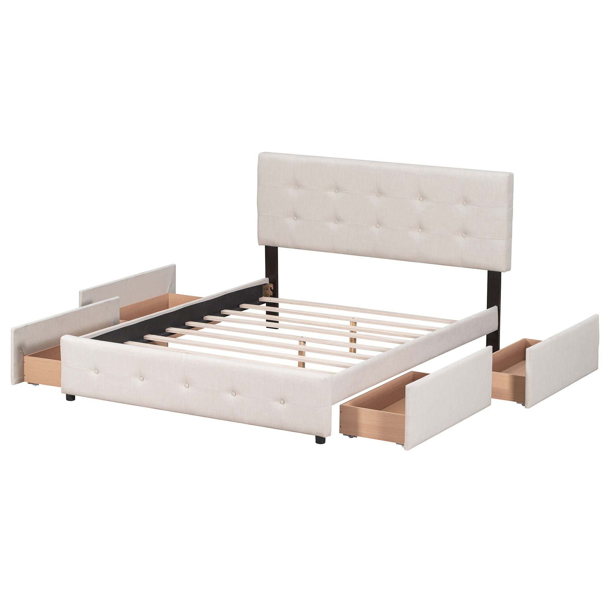 Upholstered Platform Bed With Classic Headboard And Drawers, No Box Spring Needed