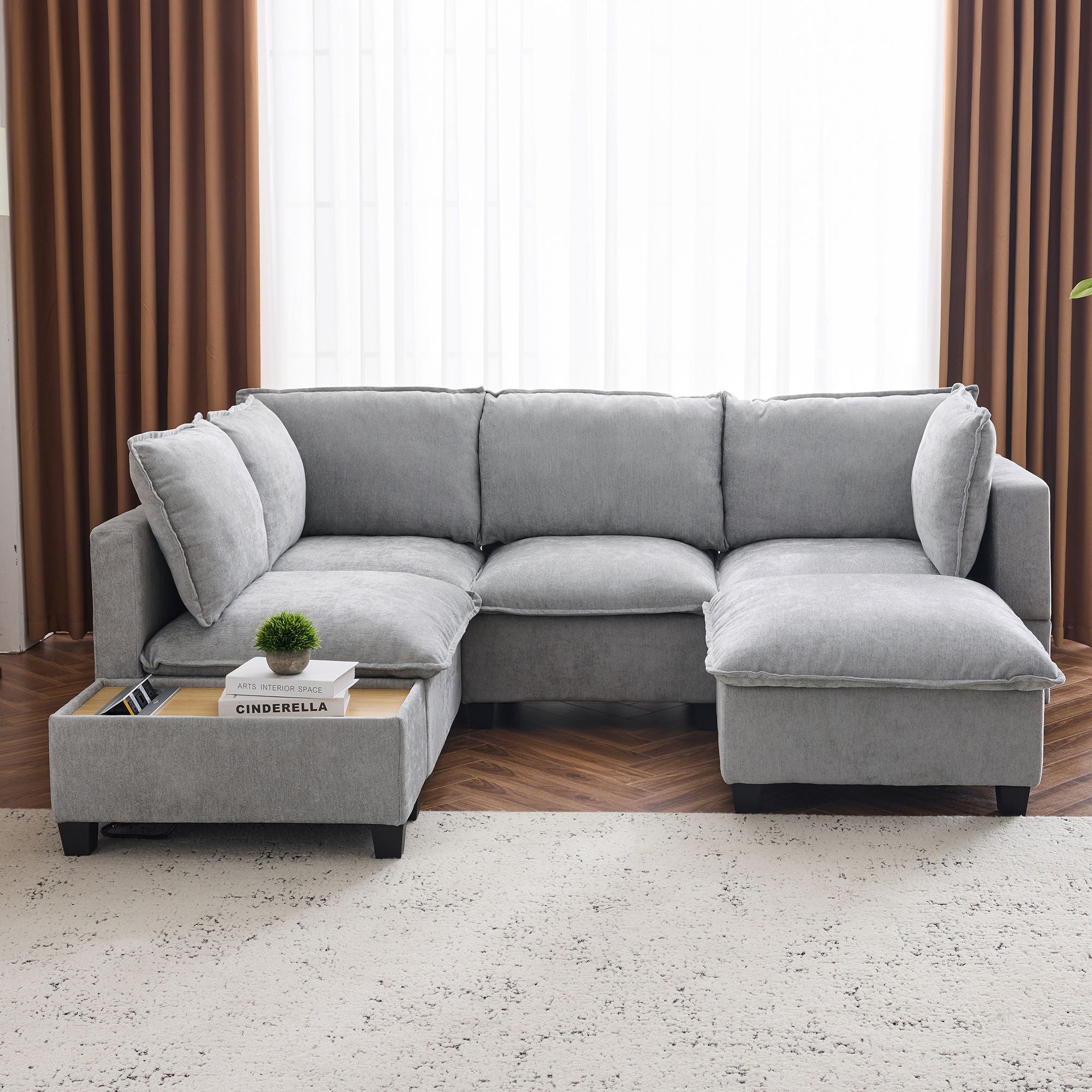 U-Shaped Sectional Modular Sofa With A Movable Ottoman, A Coffee Table With Hidden Charging Devices For Living Room