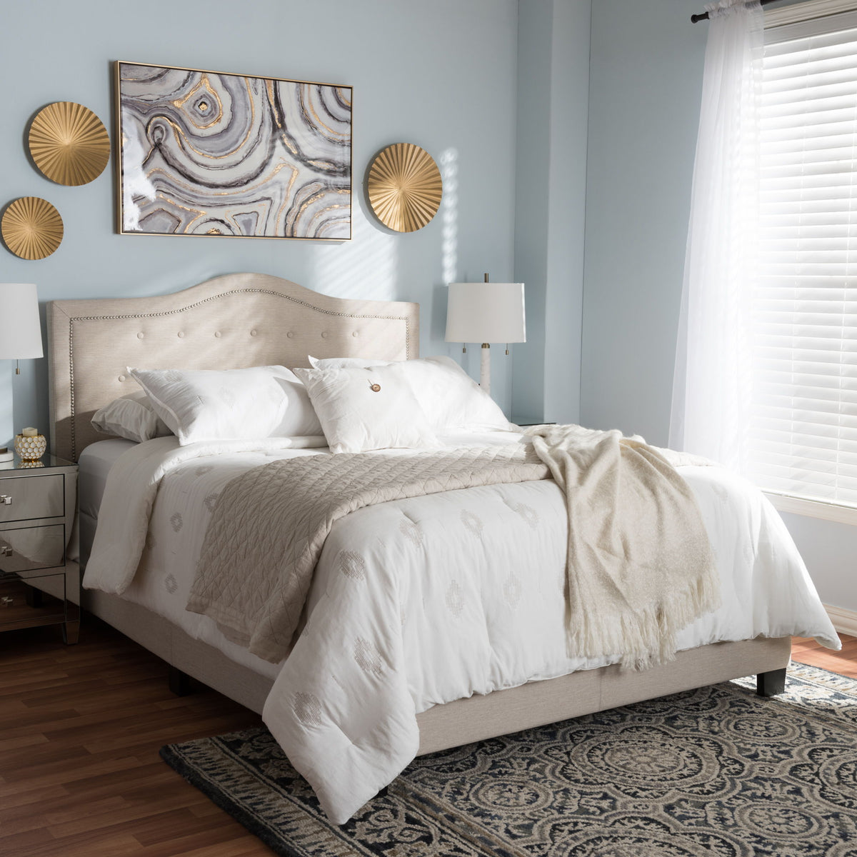 Emerson Modern and Contemporary Light Beige Fabric Upholstered Queen Size Bed