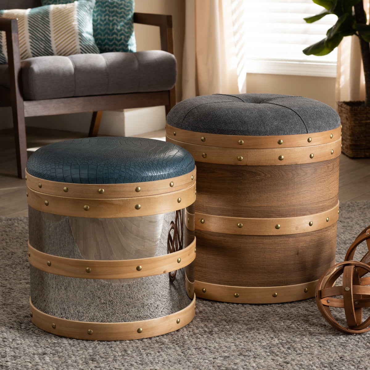 Caleb Modern Grey Fabric and Alligator Faux Leather 2-Piece Storage Ottoman Set