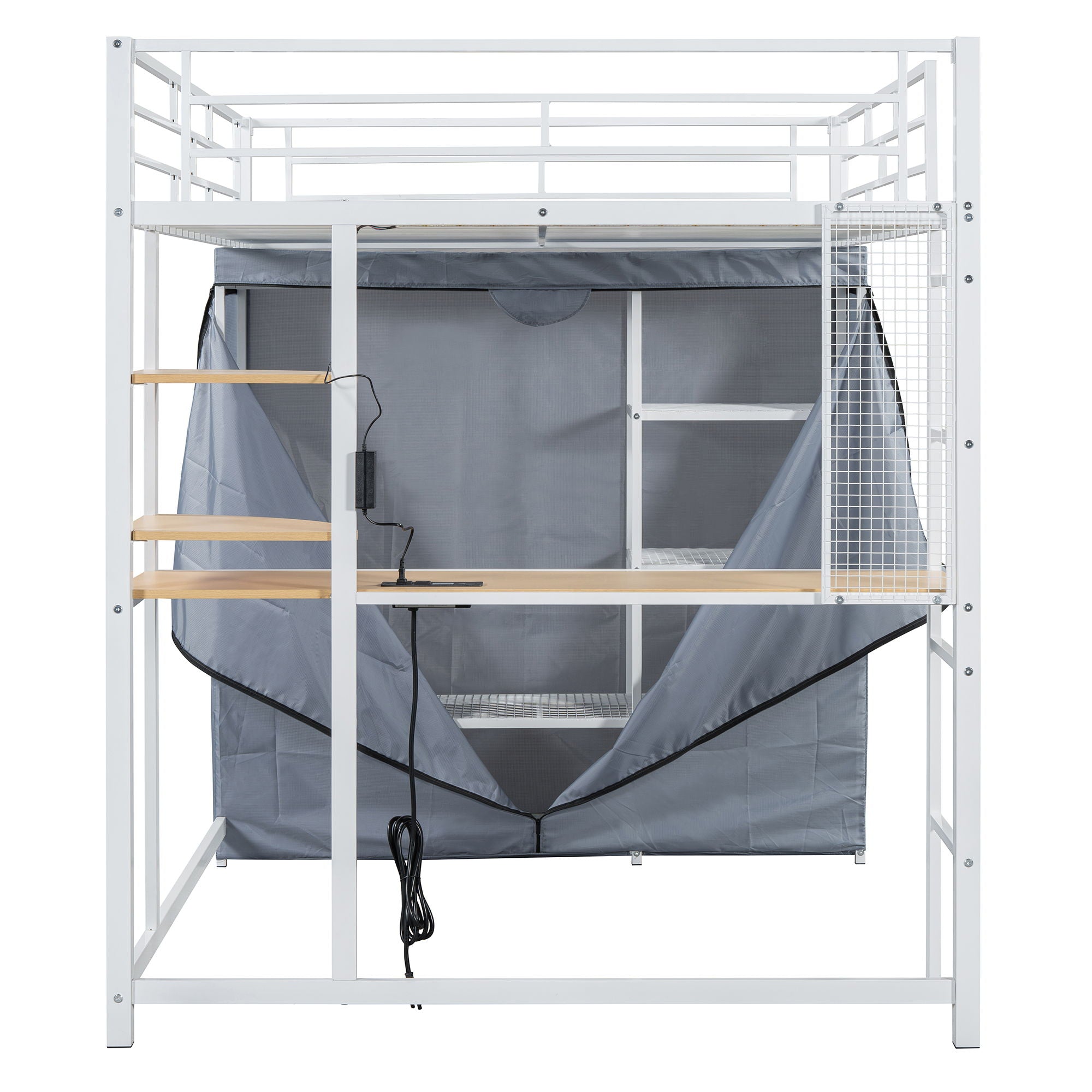 Loft Bed With Desk, Shelves, Power Outlet, LED Light And Wardrobe