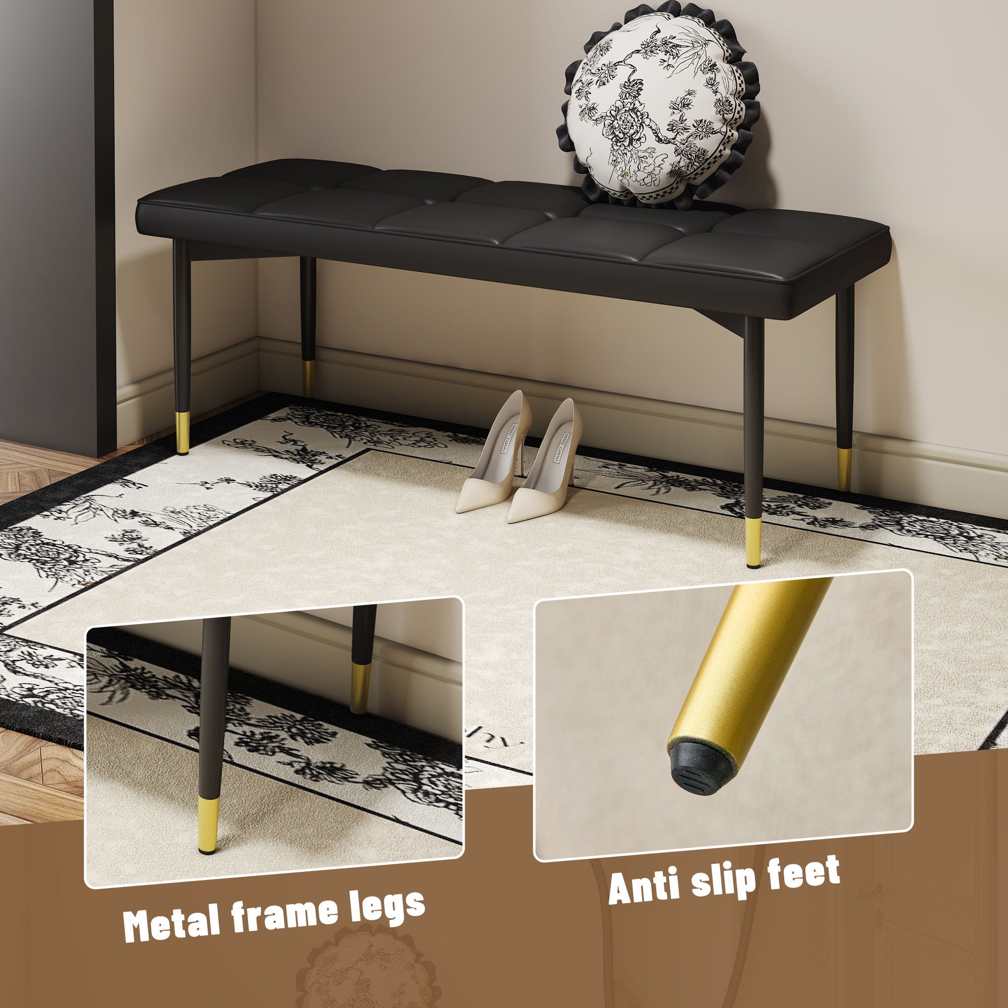 Multifunctional Shoe Bench, Sturdy Metal Legs With Gold Accents - Black