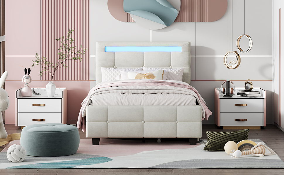 Upholstered Platform Bed With LED Frame, With Trundle And 2 Drawers