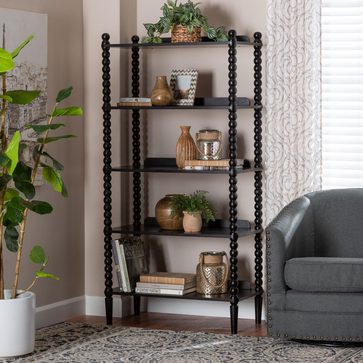 Lucera Bobbin Display Shelf - 5-Tier Open Frame Vertical Bookcase with Spindle Posts for Living Room or Office, Black