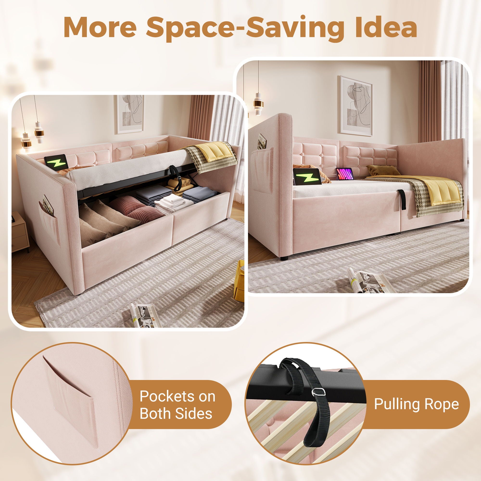 Upholstered Hydraulic Storage Daybed With USB & Type C Charging
