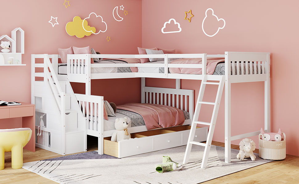 Solid L Shaped Bunk Bed With 3 Drawers, Ladder And Staircase