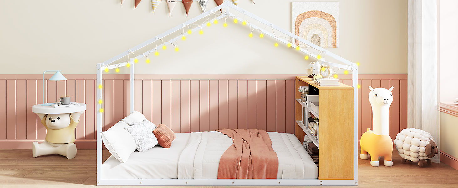 Bed House Frame With Shelves And Lights