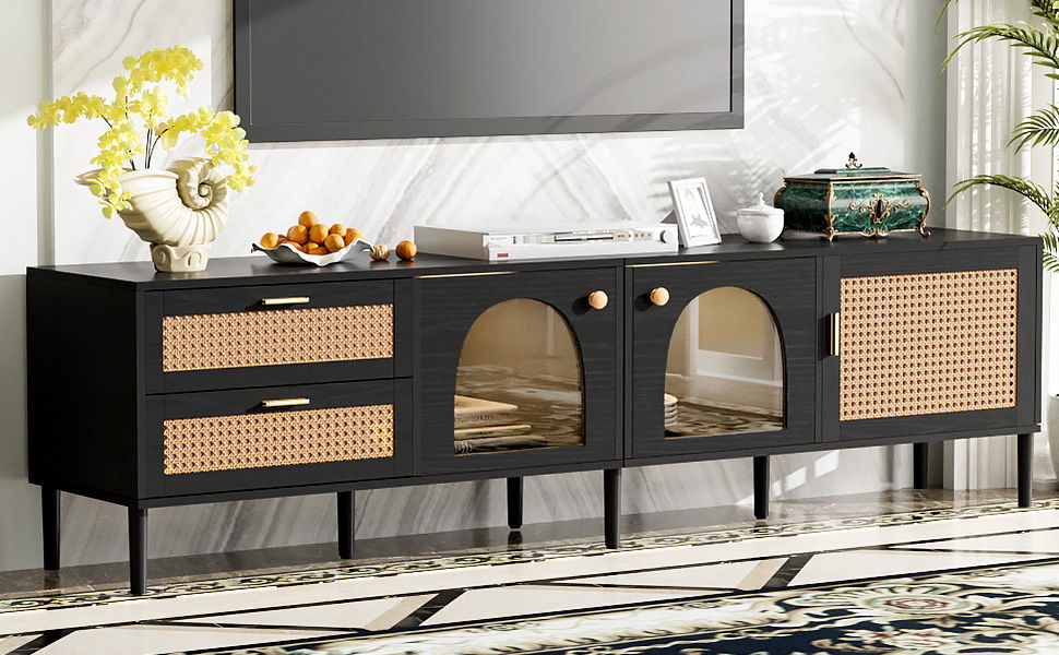 Rattan TV Stand With 3 Cabinets & 2 Drawers, Rattan-Inspired Media Console Table For Tvs Up To 80'', LED Light Entertainment Center, TV Cabinet For Living Room - Black