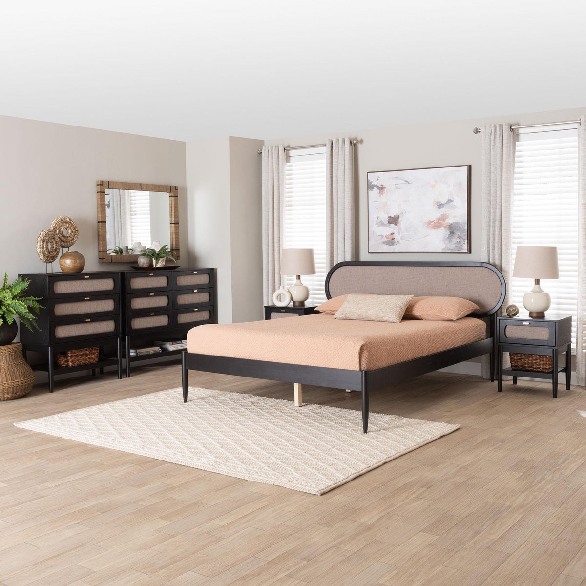 Shirin Mid-Century Beige Fabric and Black Wood Queen 5-Piece Bedroom Set