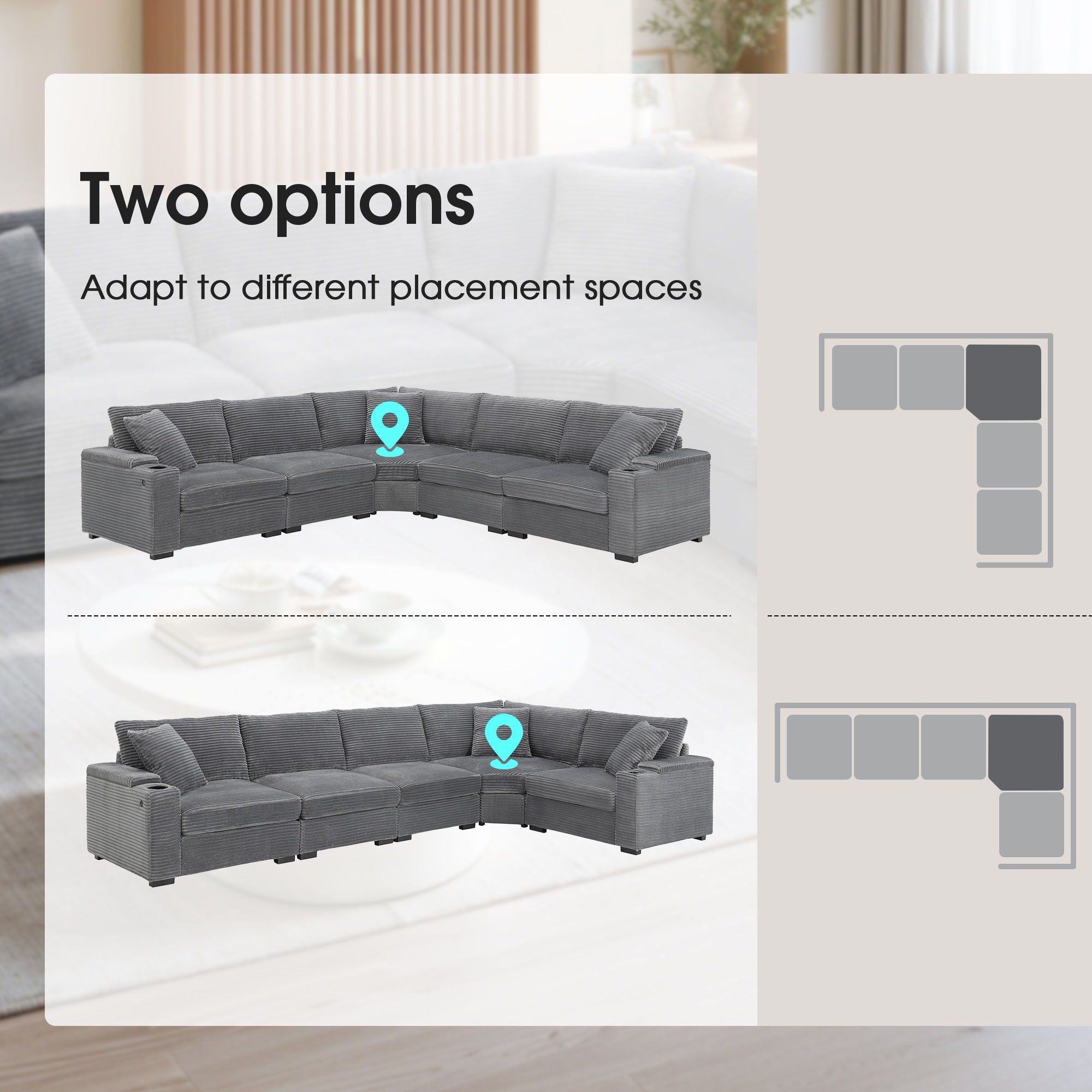 Convertible L Shaped Sectional Corner Couch With Armrest Storage Cup Holders USB Charger, Irregular Corner Oversized Comfy Modular Sofa