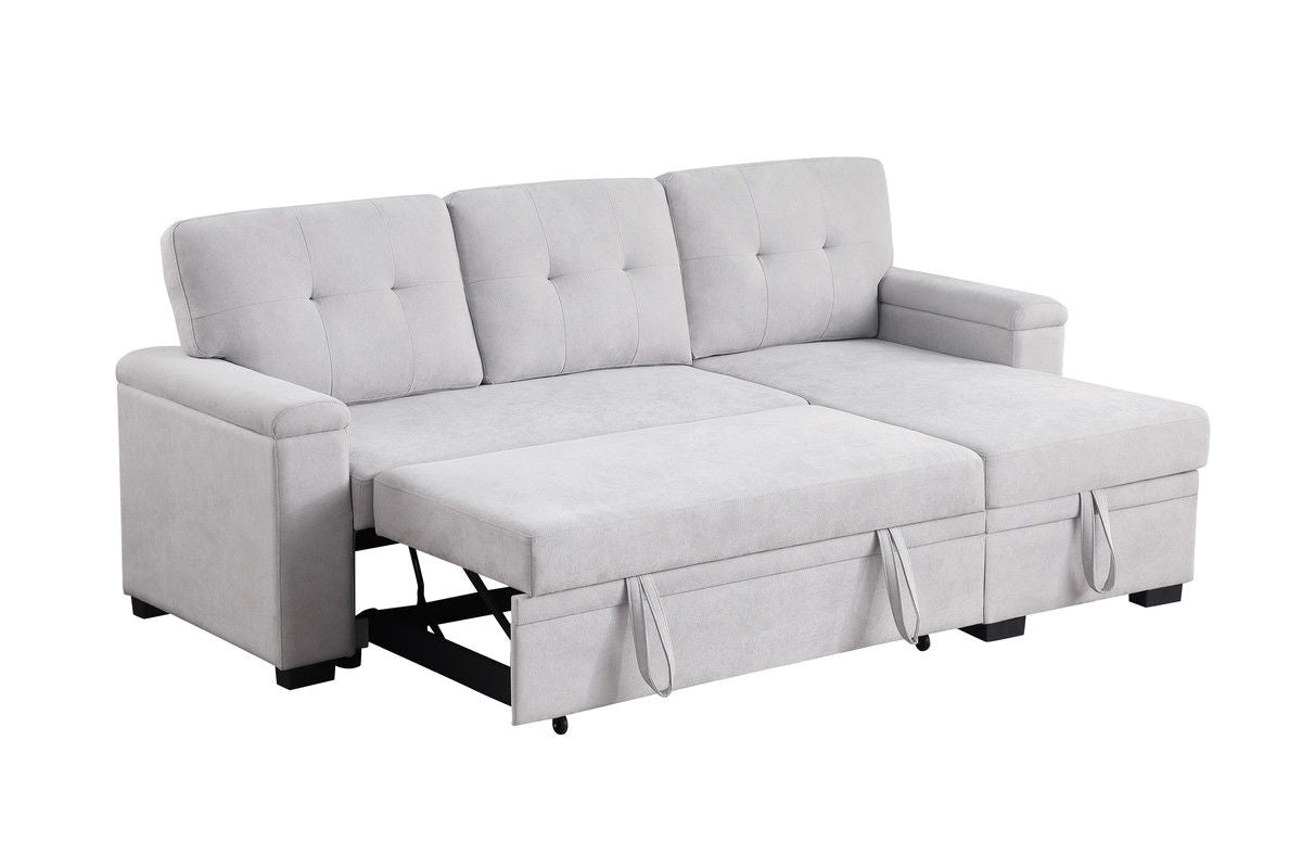 Lucca II 84.5"W Light Gray Woven Fabric Reversible Sleeper Sectional Sofa with Storage Chaise