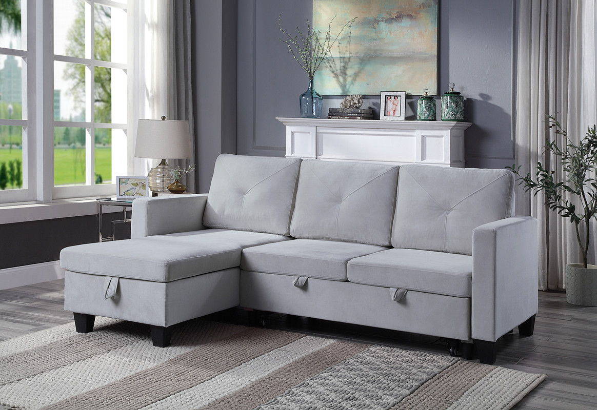 Nova 82.5"W Light Gray Velvet Reversible Sleeper Sectional Sofa with Storage Chaise
