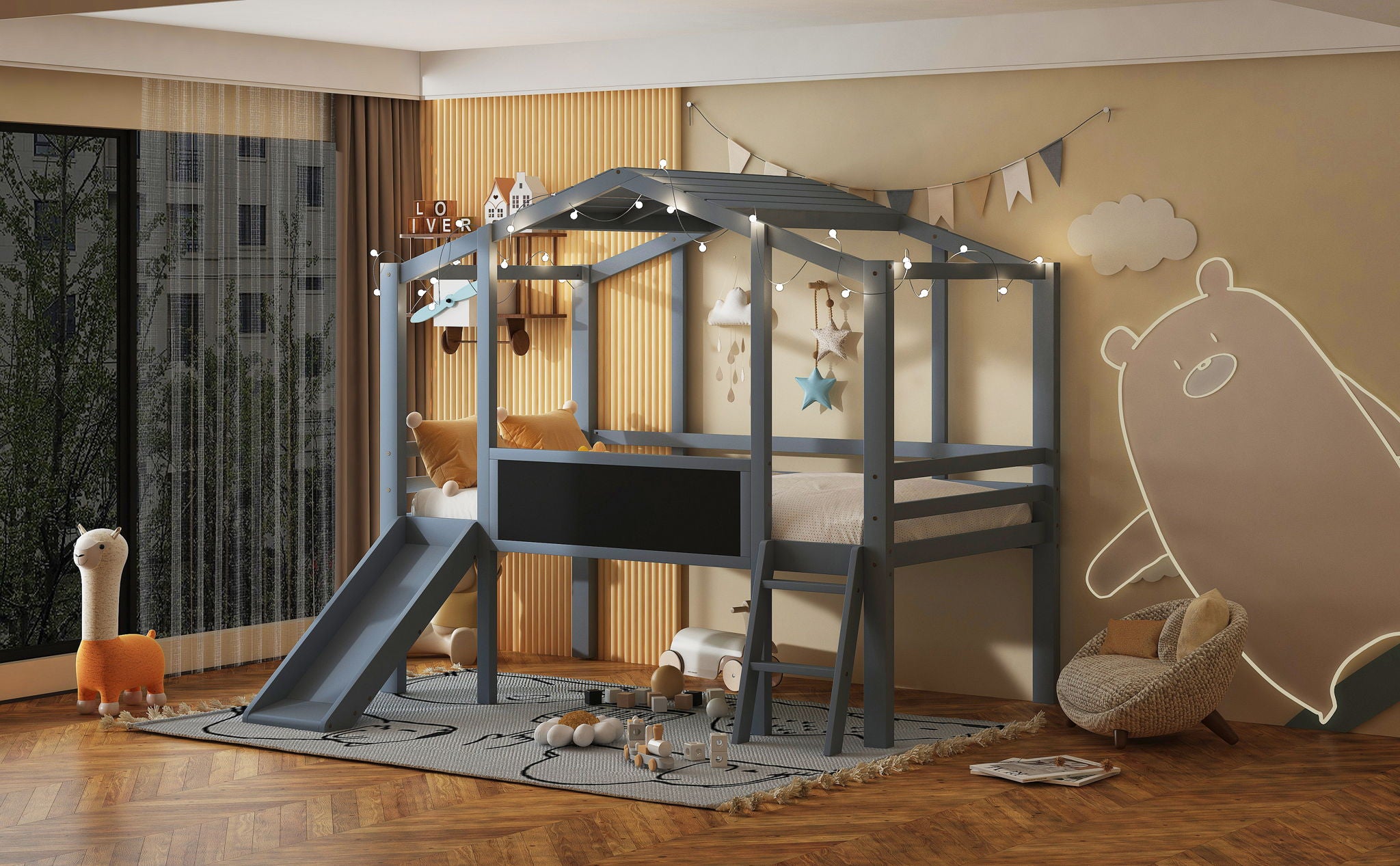 Loft House Bed With Ladder And Slide, With Blackboard And Light Strip On The Roof