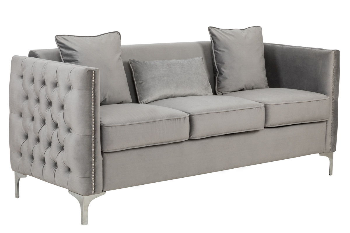 Bayberry 73"W Gray Velvet Sofa with 3 Pillows