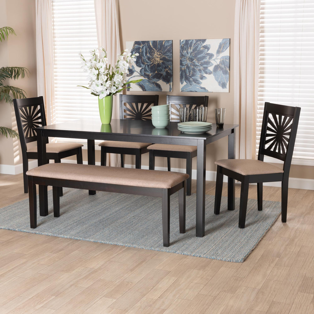 Olympia Modern Beige Fabric and Espresso Brown Finished Wood 6-Piece Dining Set