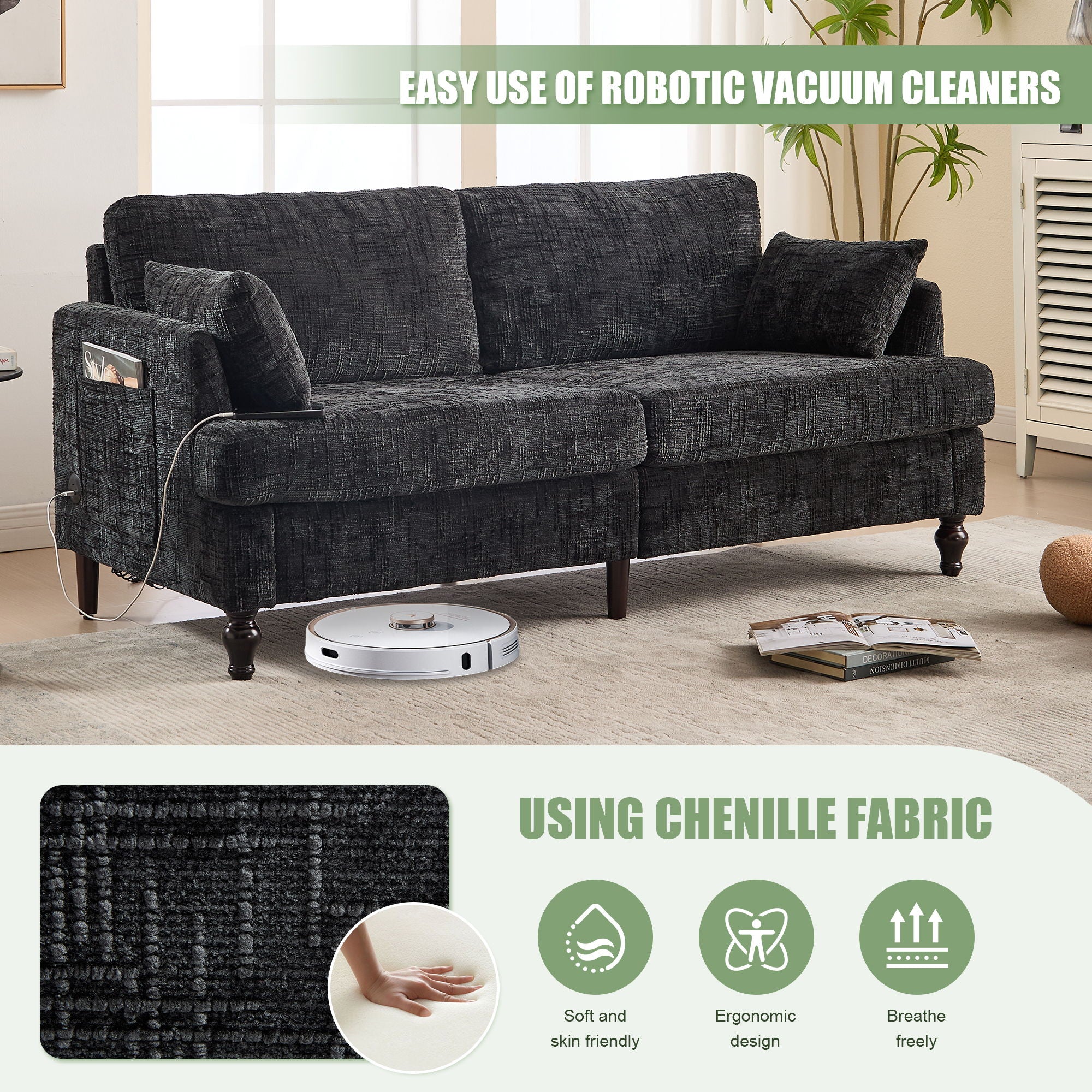 Chenille 2 Seater Sofa With LED Light, USB Charging Port, And Storage Bag