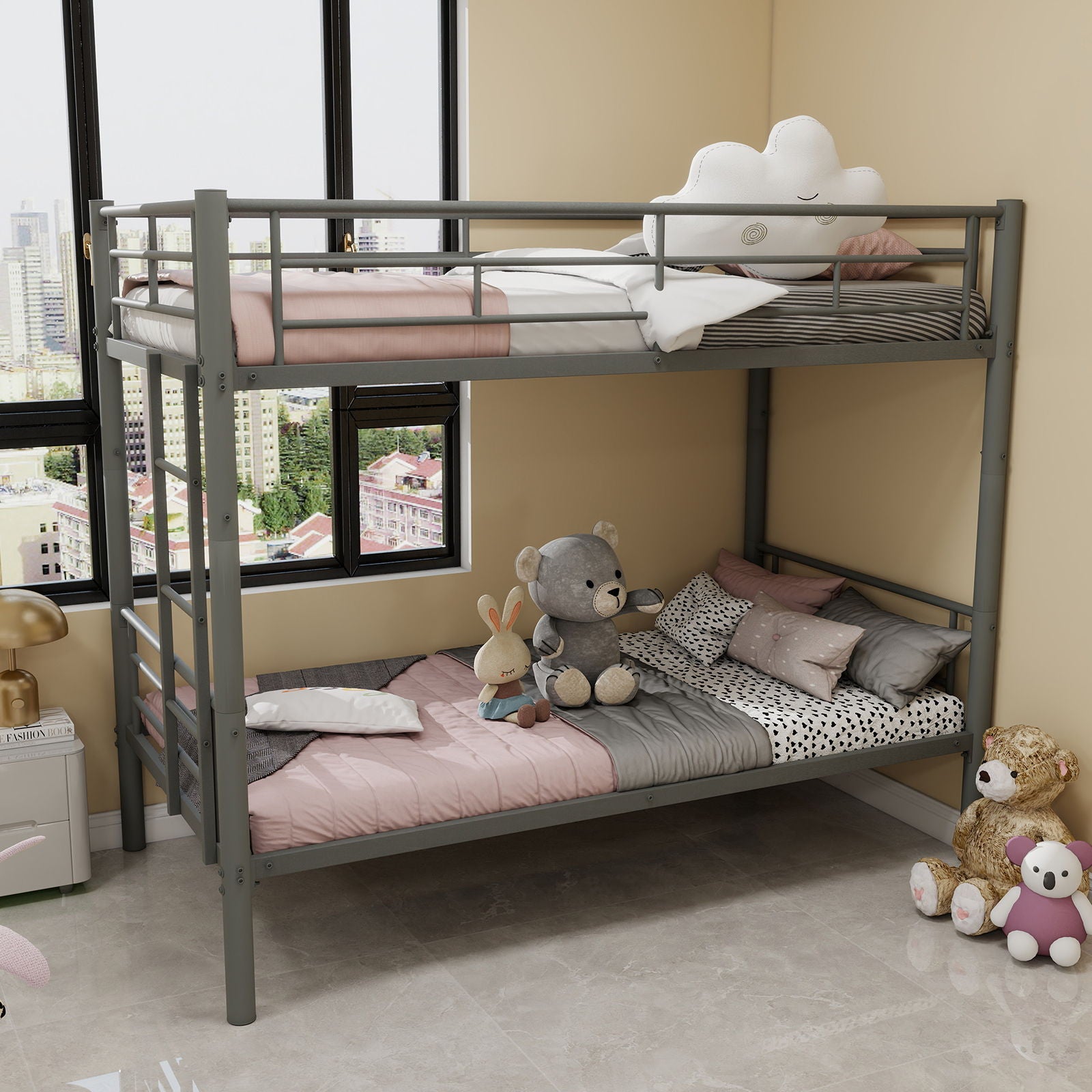 Metal Bunk Bed For Kids, Convertible Bedframe With Ladders & Guardrail