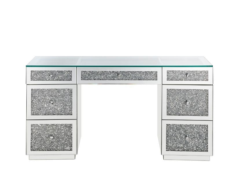 ACME Noralie - Office Desk - Clear Glass, Mirrored & Faux Diamonds | Meri Furniture