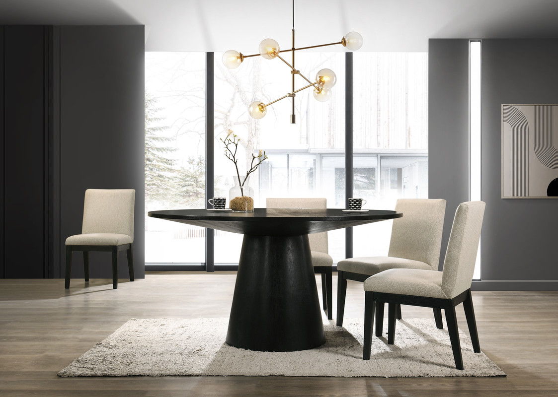 Jasper Ebony Black 5 Piece 59" Contemporary Round Dining Table Set with Pedestal Base and Beige Fabric Chairs
