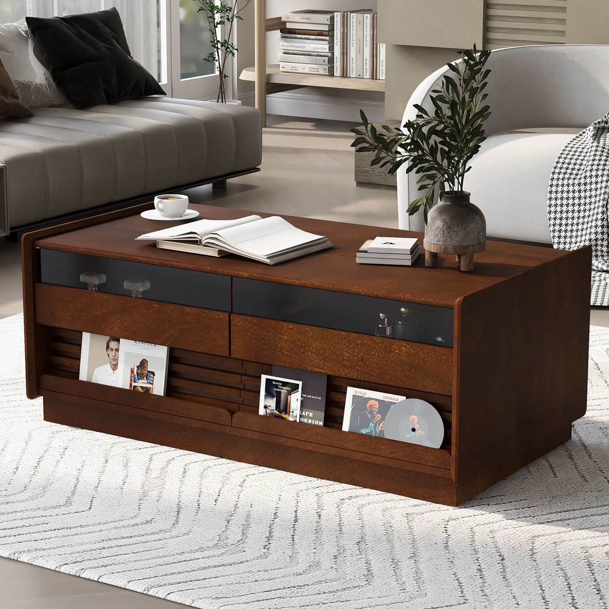 Modern Rectangle Coffee Table With 4 Drawers And 2 Display Shelves