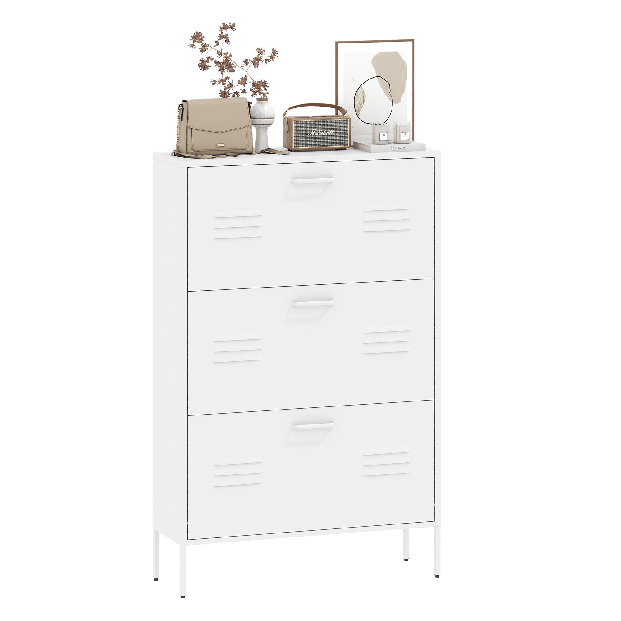 Modern Shoe Storage Cabinet With 3 Flip Drawers And Metal Frame For Entryway - Brushed Nickel