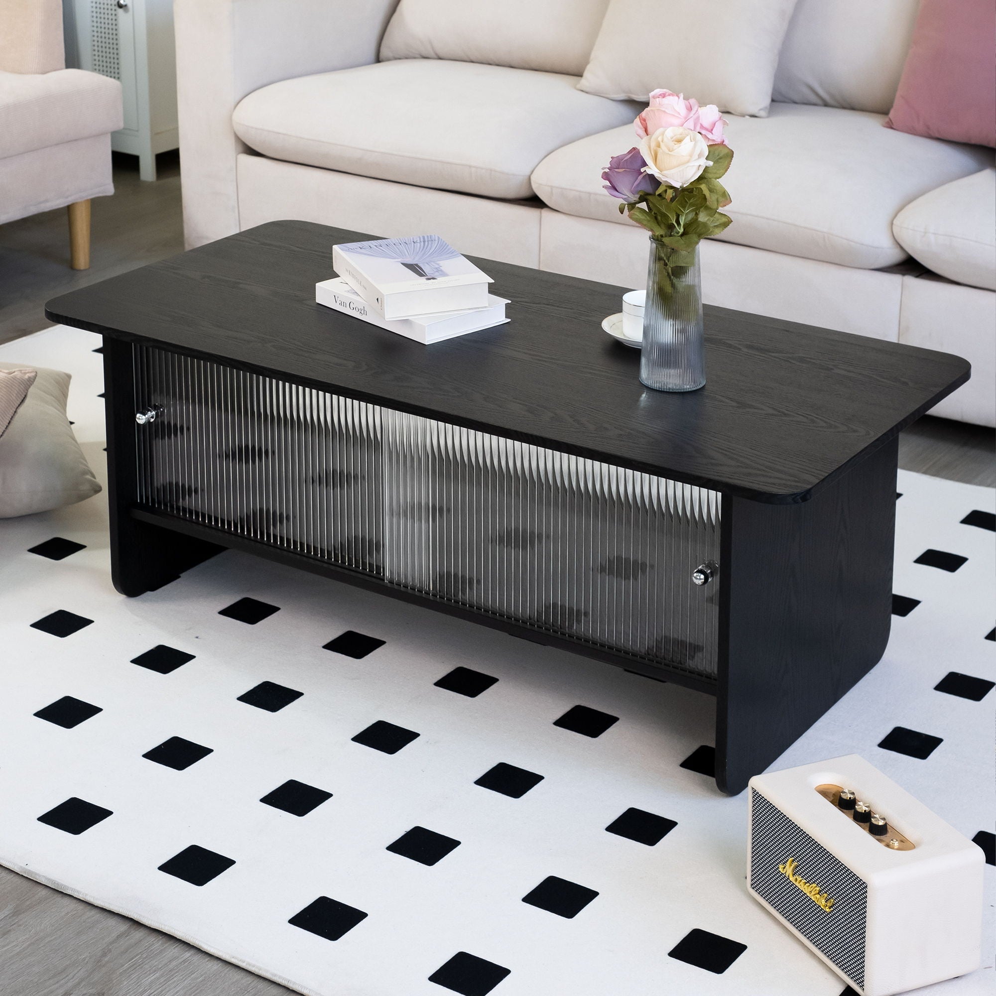 Rectangular Coffee Table With Sliding Door Storage Center