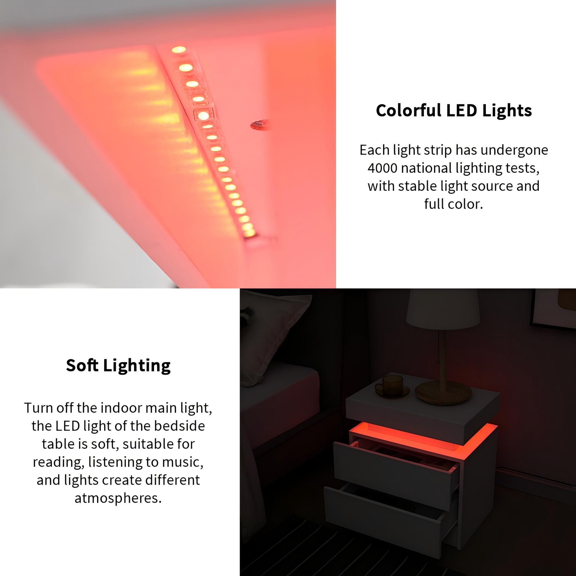 Modern LED Bedside Table Cabinet With Adjustable Lights And 2 Drawers - White