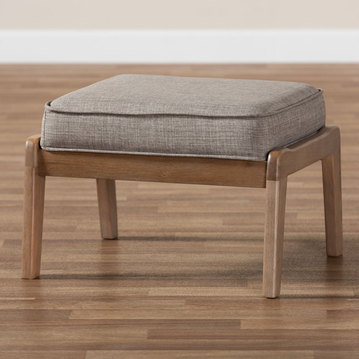 Sigrid Mid-Century Modern Light Grey Fabric Upholstered Antique Oak Finished Wood Ottoman
