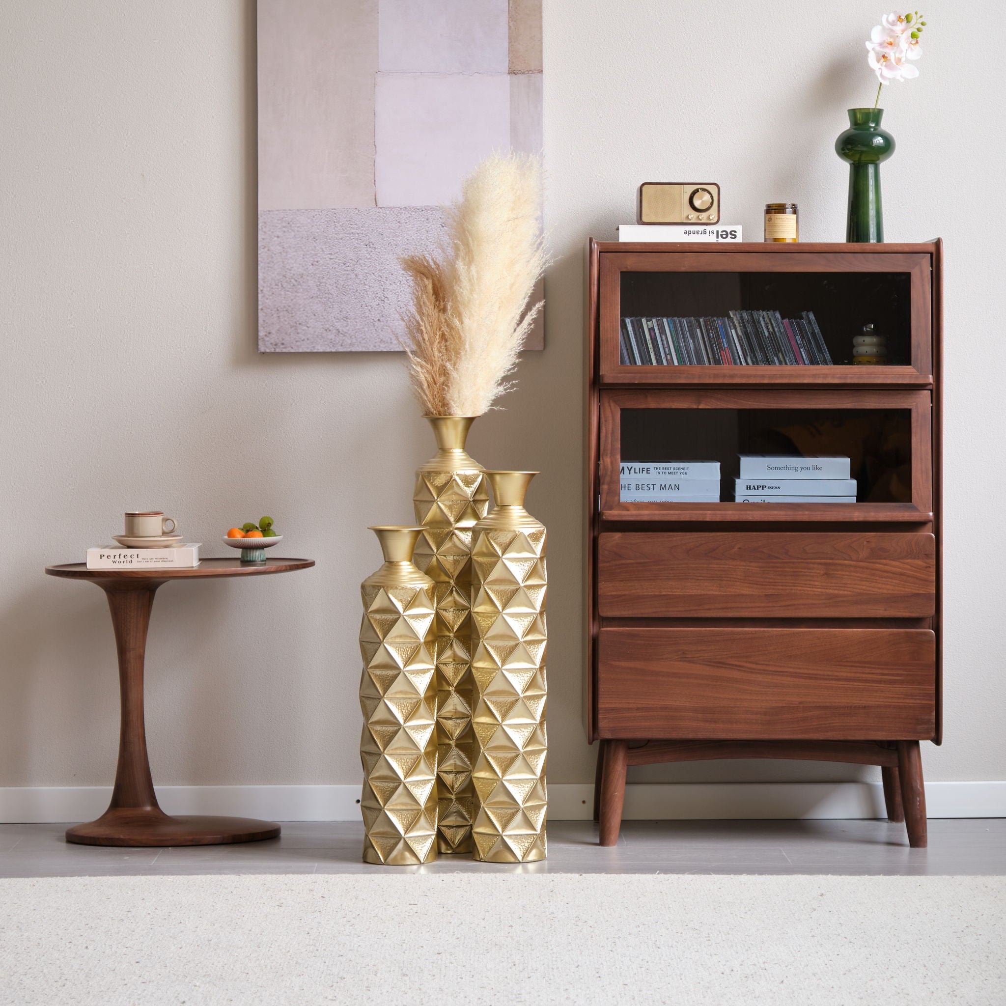 Metal Decorative Vase High Distress Metal Center Vase With 3D Triangle Pattern, (Set of 3) Vases For Home Decoration - Gold