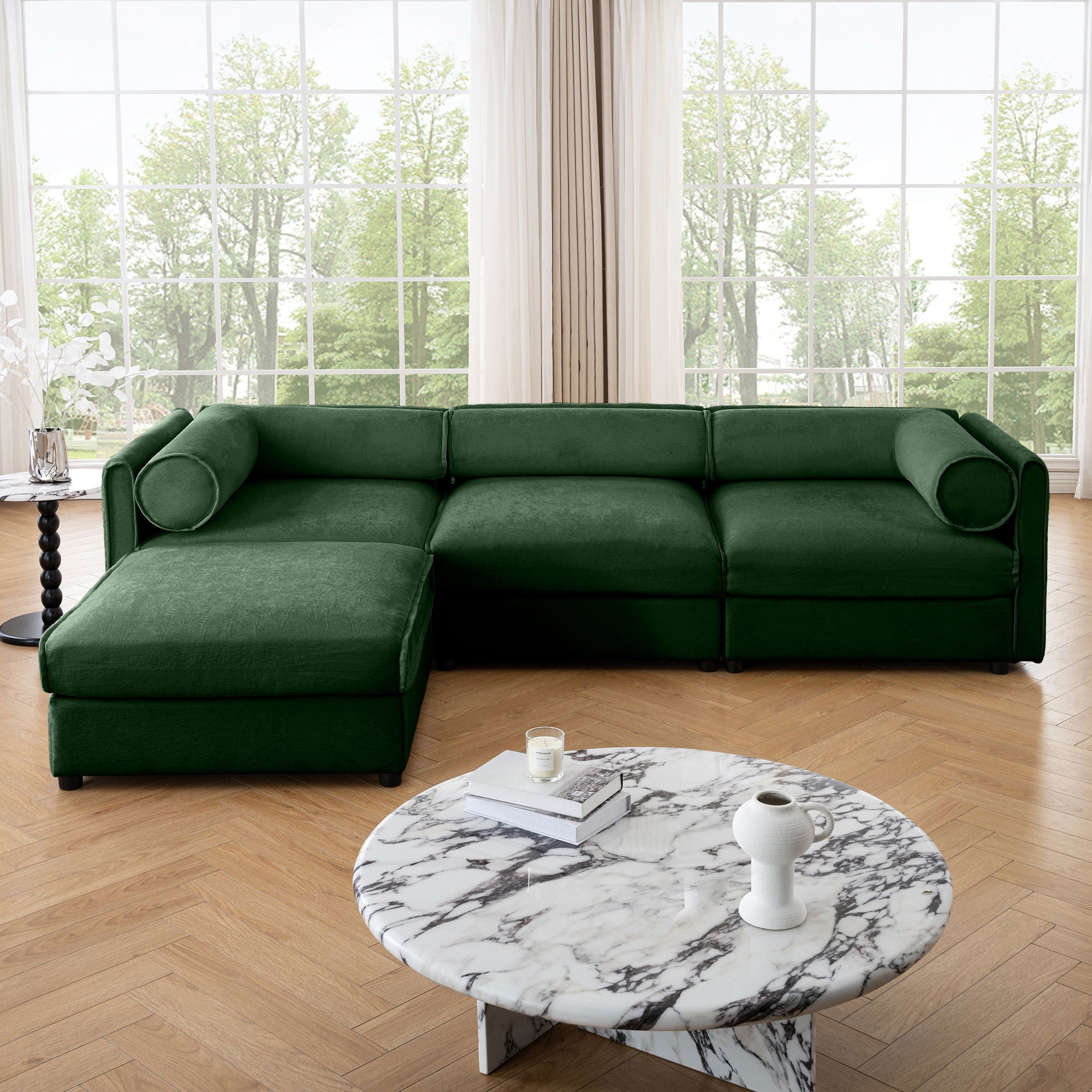 Contemporary Elegant White Chenille Sofa With Storage And Ottoman