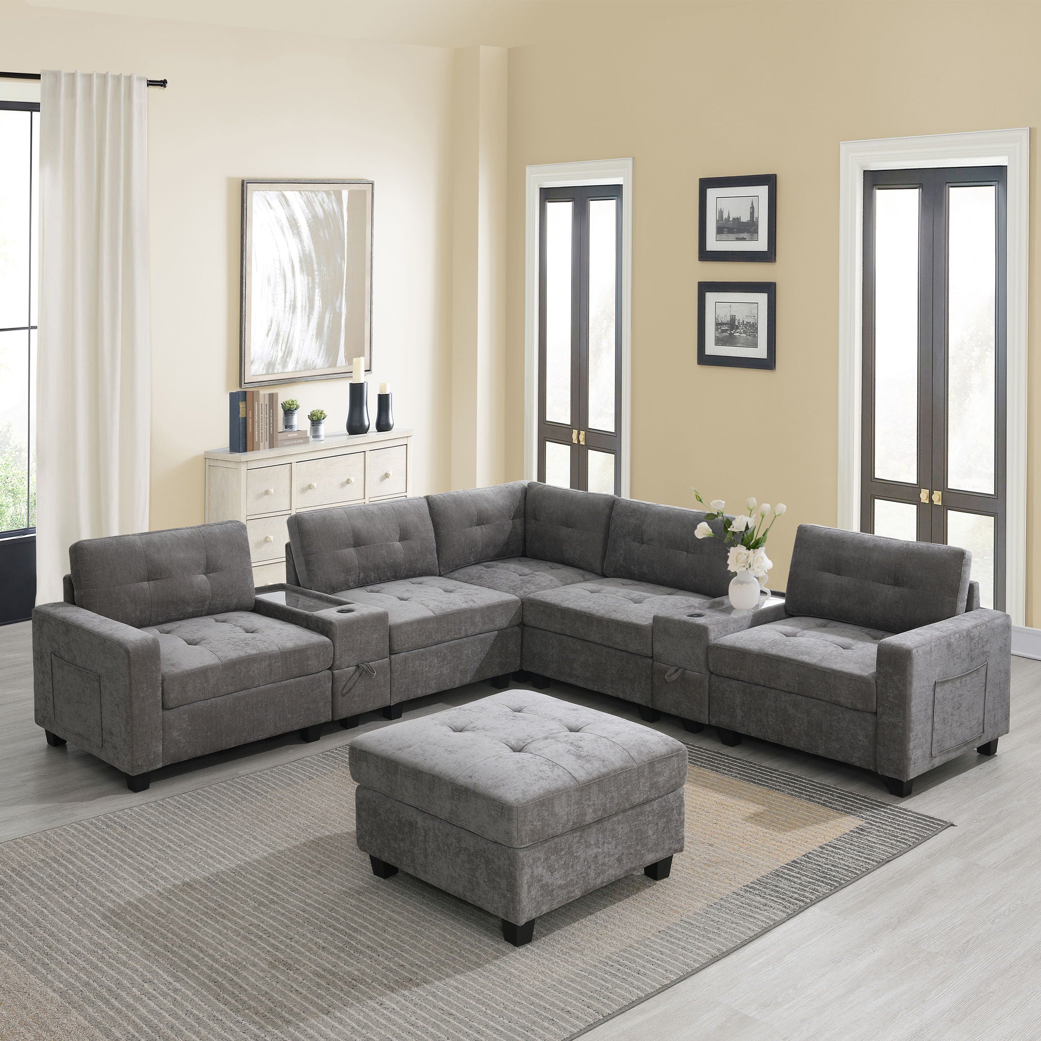 Sectional With Acrylic Table Top U Shaped Couch Set With 2 Consoles USB Charger, Storage Drawers And Pockets Movable Ottoman Tufted Sofa