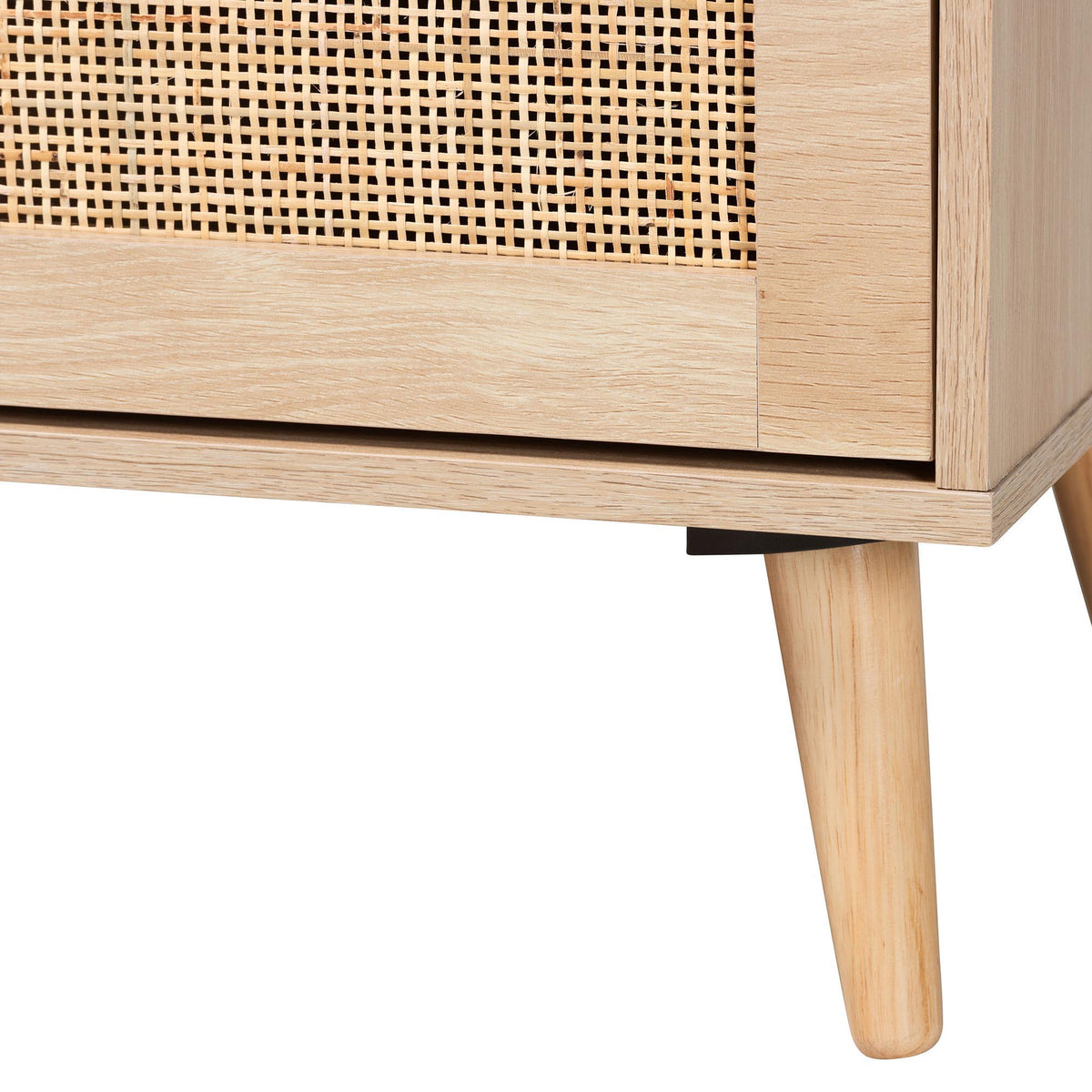 Sebille Mid-Century Modern Light Brown Finished Wood 2-Door TV Stand with Natural Rattan