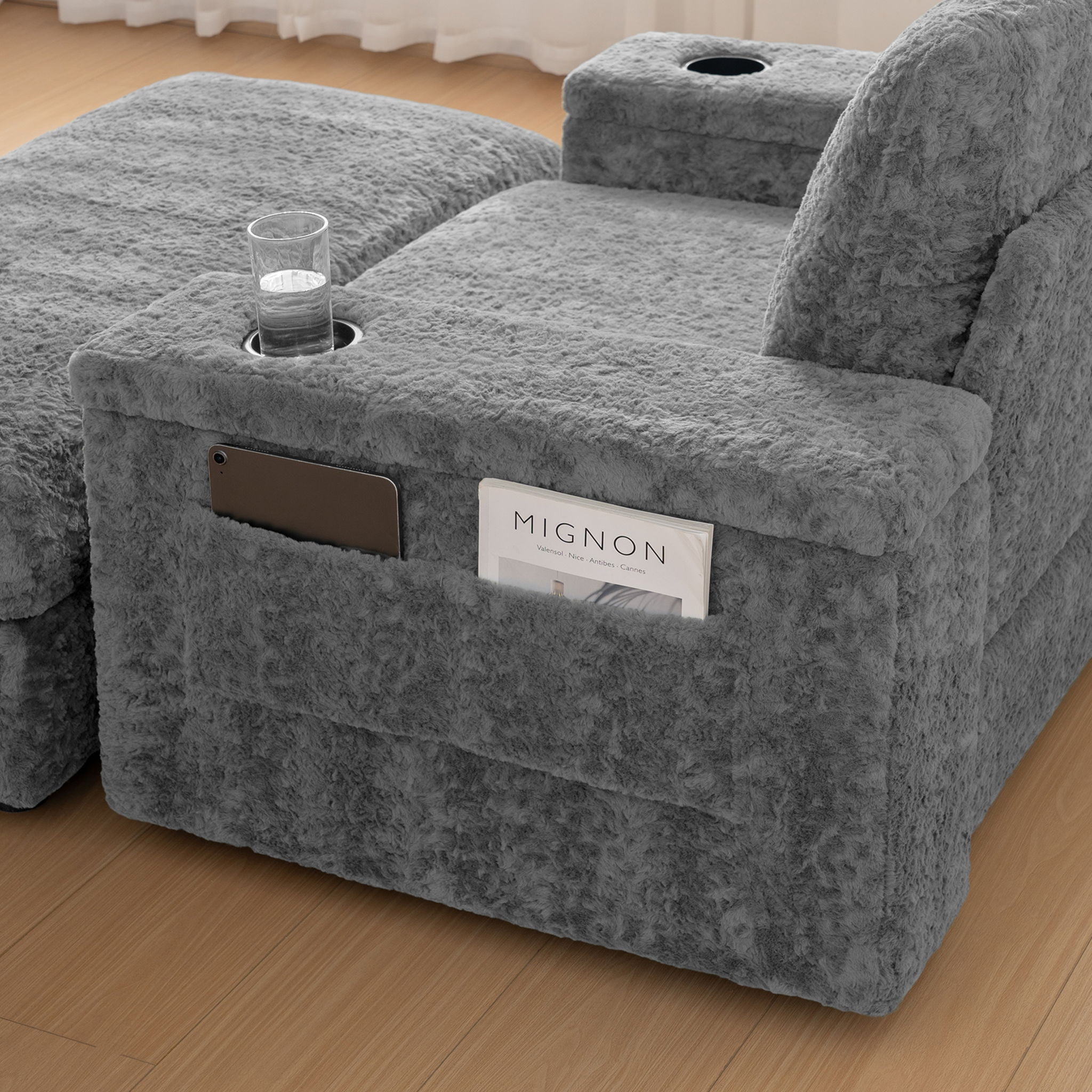 Oversized Chaise Lounge Indoor Rabbit Fur Sofa Bed With Storage Ottoman And Armrests Cup Holders With Deep Seat