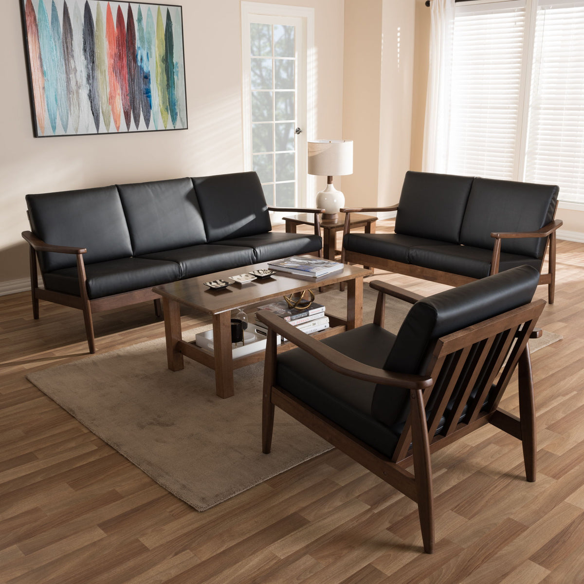 Venza Mid-Century Modern Walnut Wood Black Faux Leather 3-Piece Livingroom Set