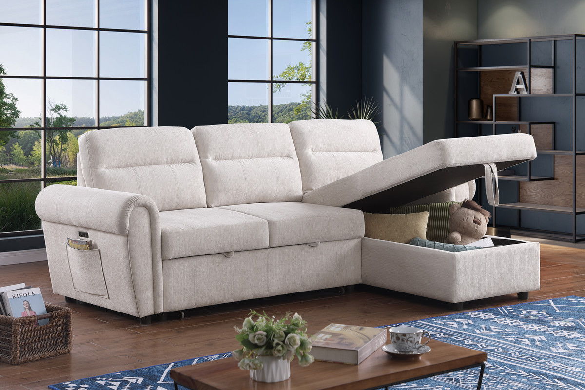 Hugo 97"W Beige Chenille Reversible Sleeper Sectional Sofa Chaise with USB Charger, Phone/Magazine Pockets