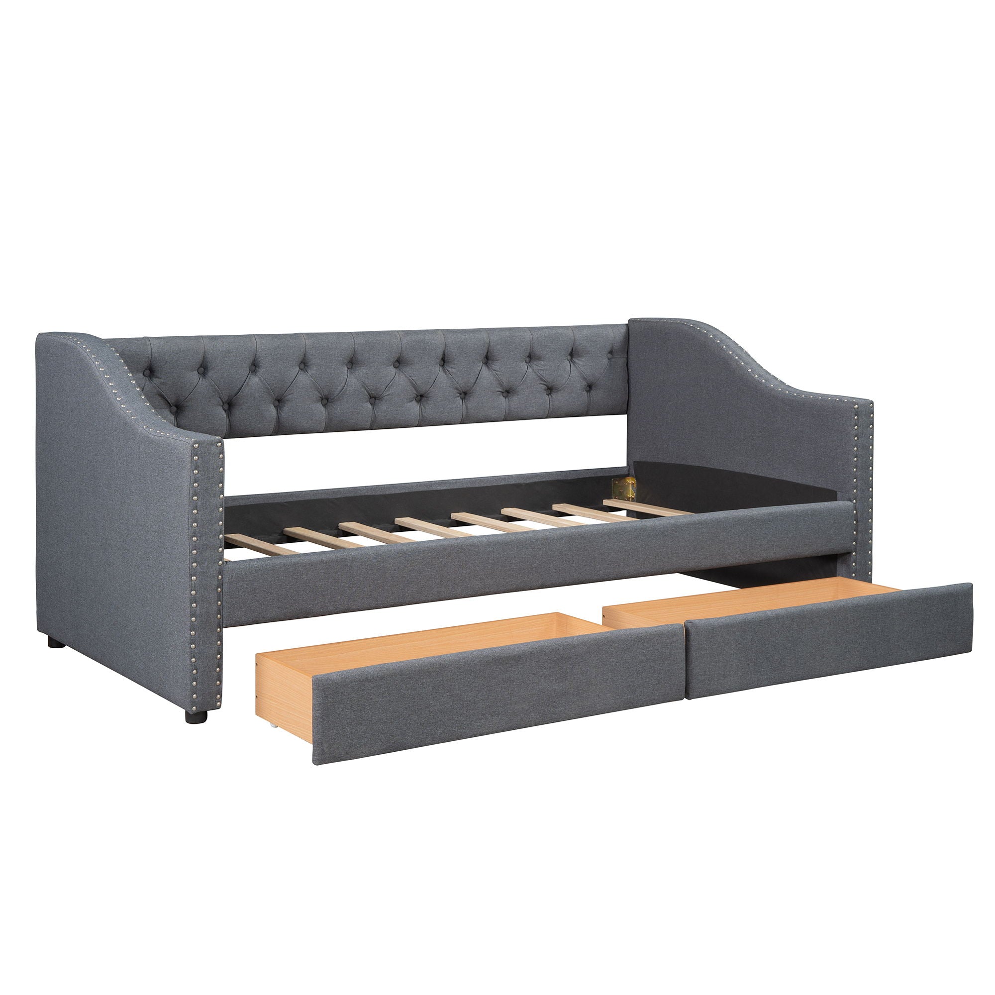 Twin Size Upholstered Daybed With Two Drawers, Slat Support - Gray