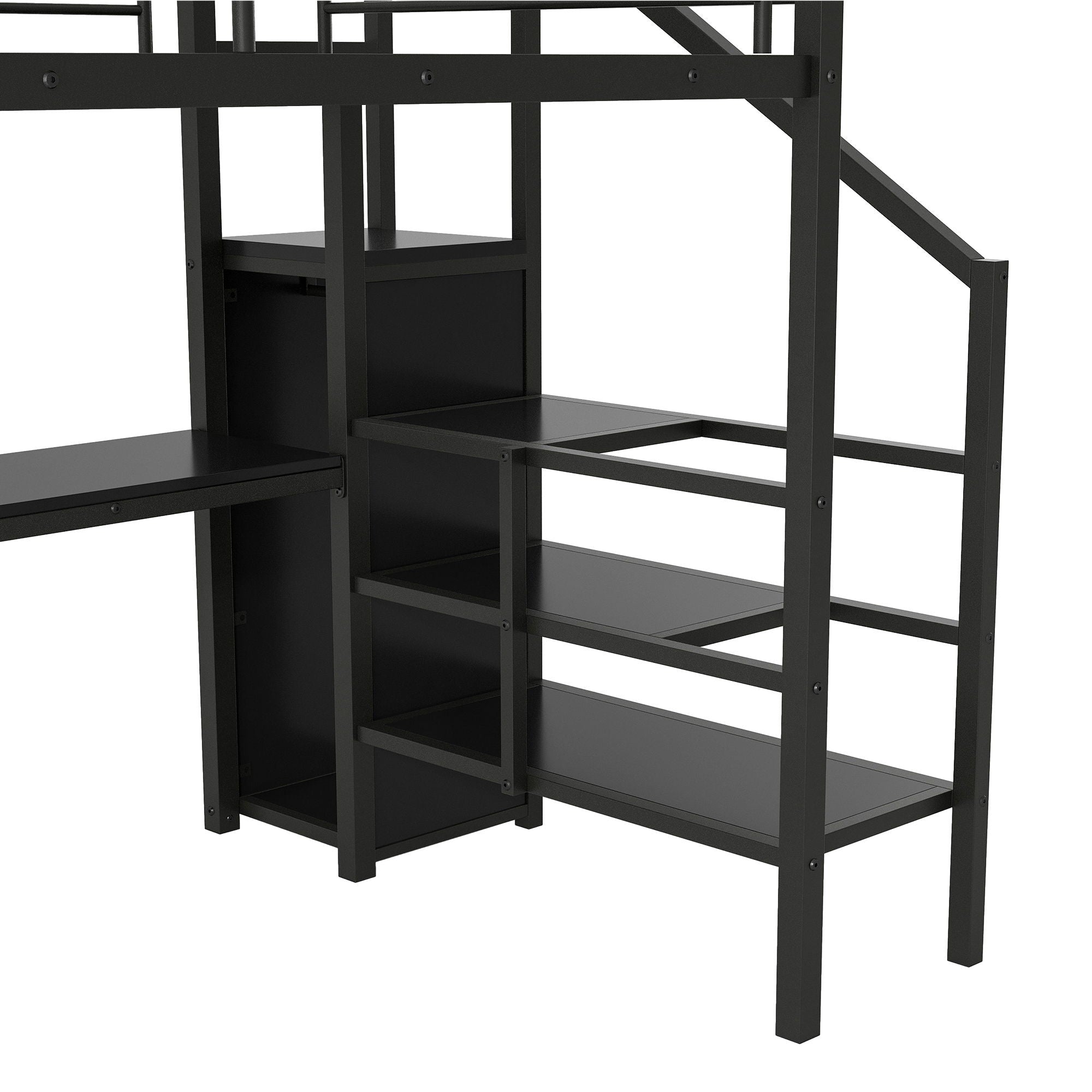 Full Size Loft Bed With Desk, Storage Staircase, Small Wardrobe And LED Light - Black
