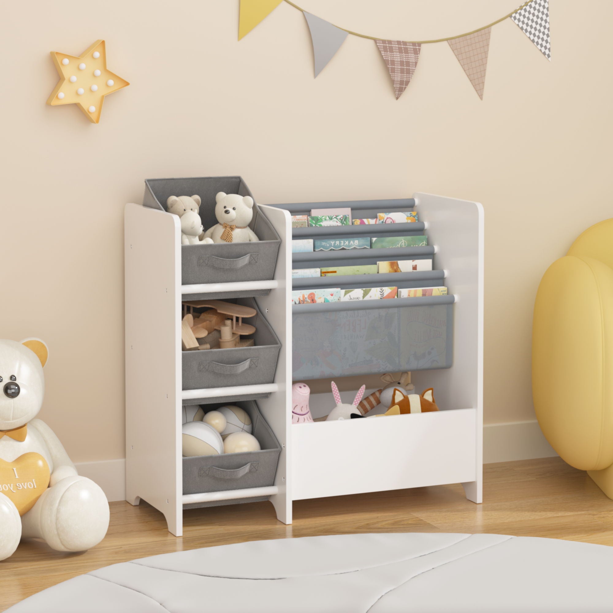 Bookshelf And Toy Storage Organizer, Multifunctional 4 Tier With 3 Collapsible Drawers - White
