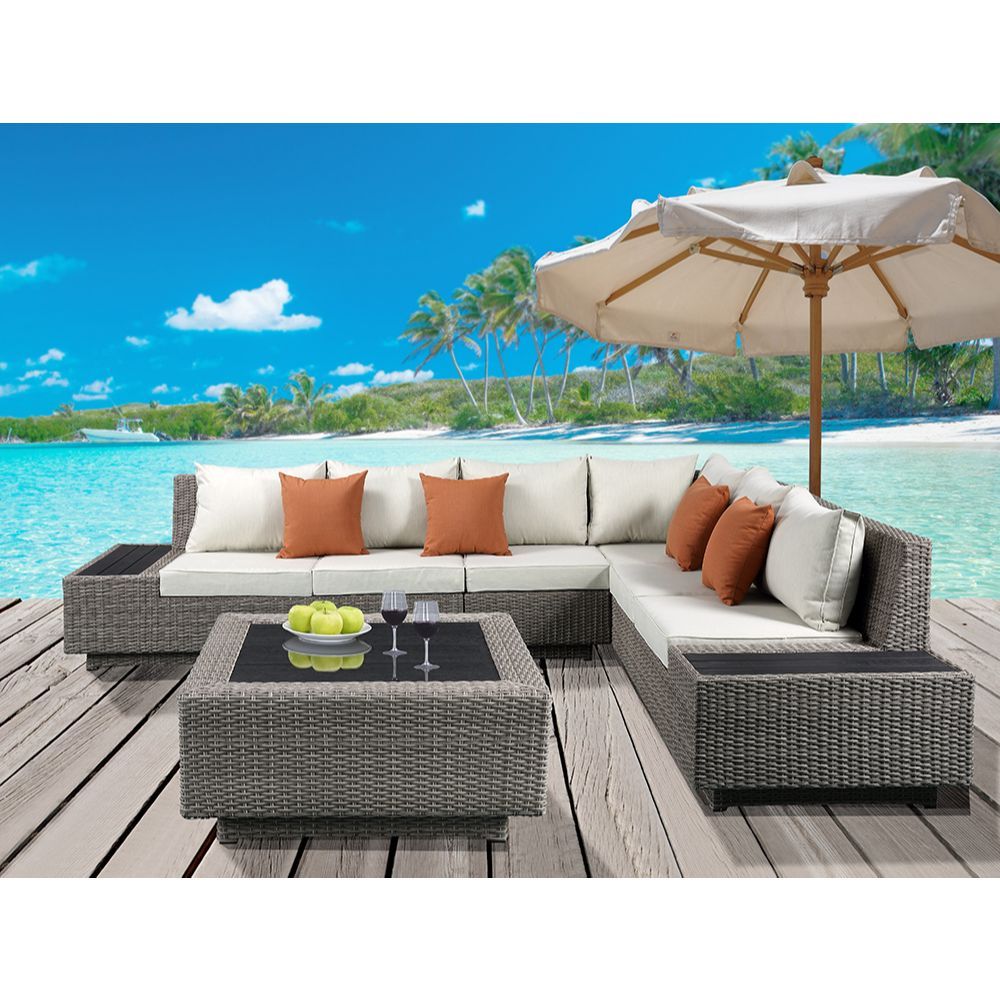Salena - Patio Sectional Sofa With 4 Pillows & Coffee Table - Beige Fabric & Gray Wicker