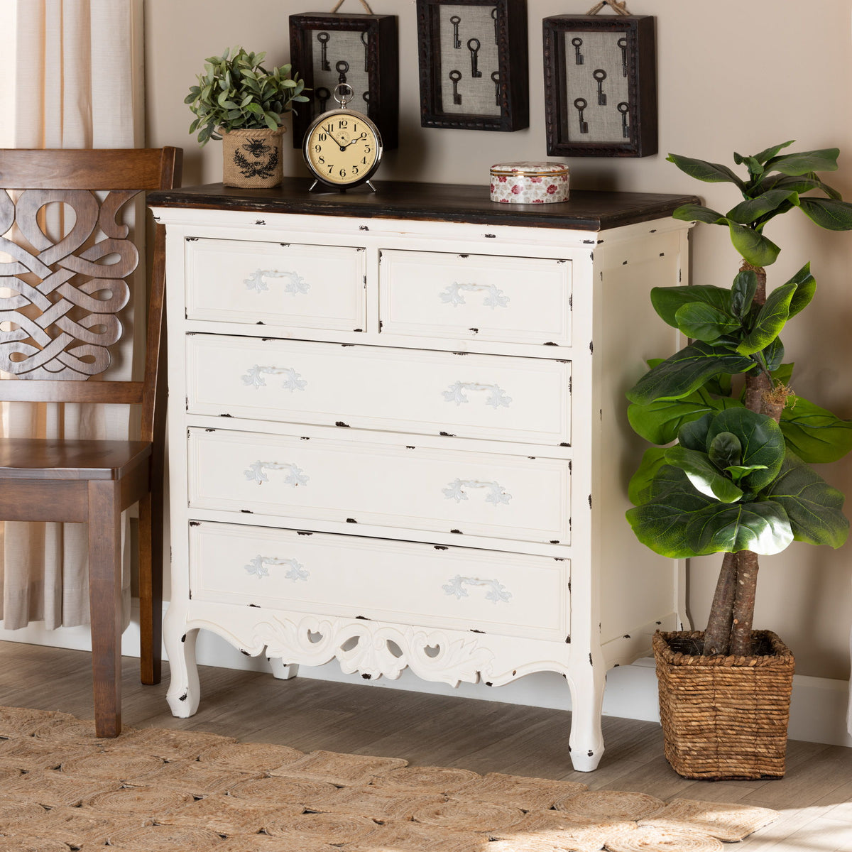 Levron Classic and Traditional Two-Tone Walnut Brown and Antique White Finished Wood 5-Drawer Storage Cabinet