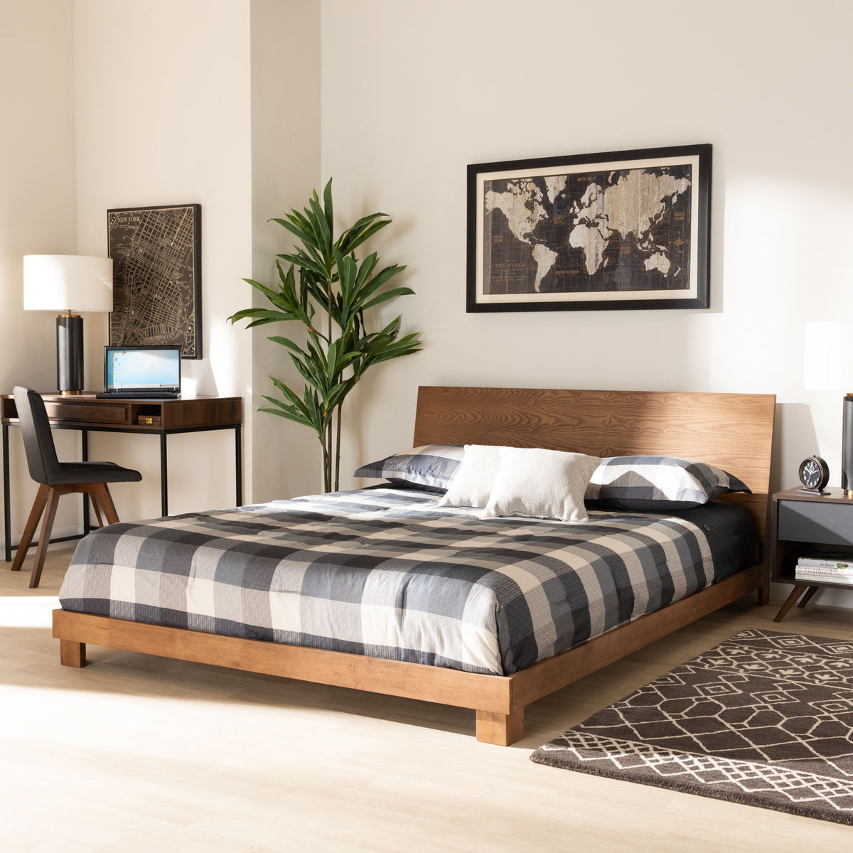Haines Modern and Contemporary Walnut Brown Finished Wood Queen Size Platform Bed