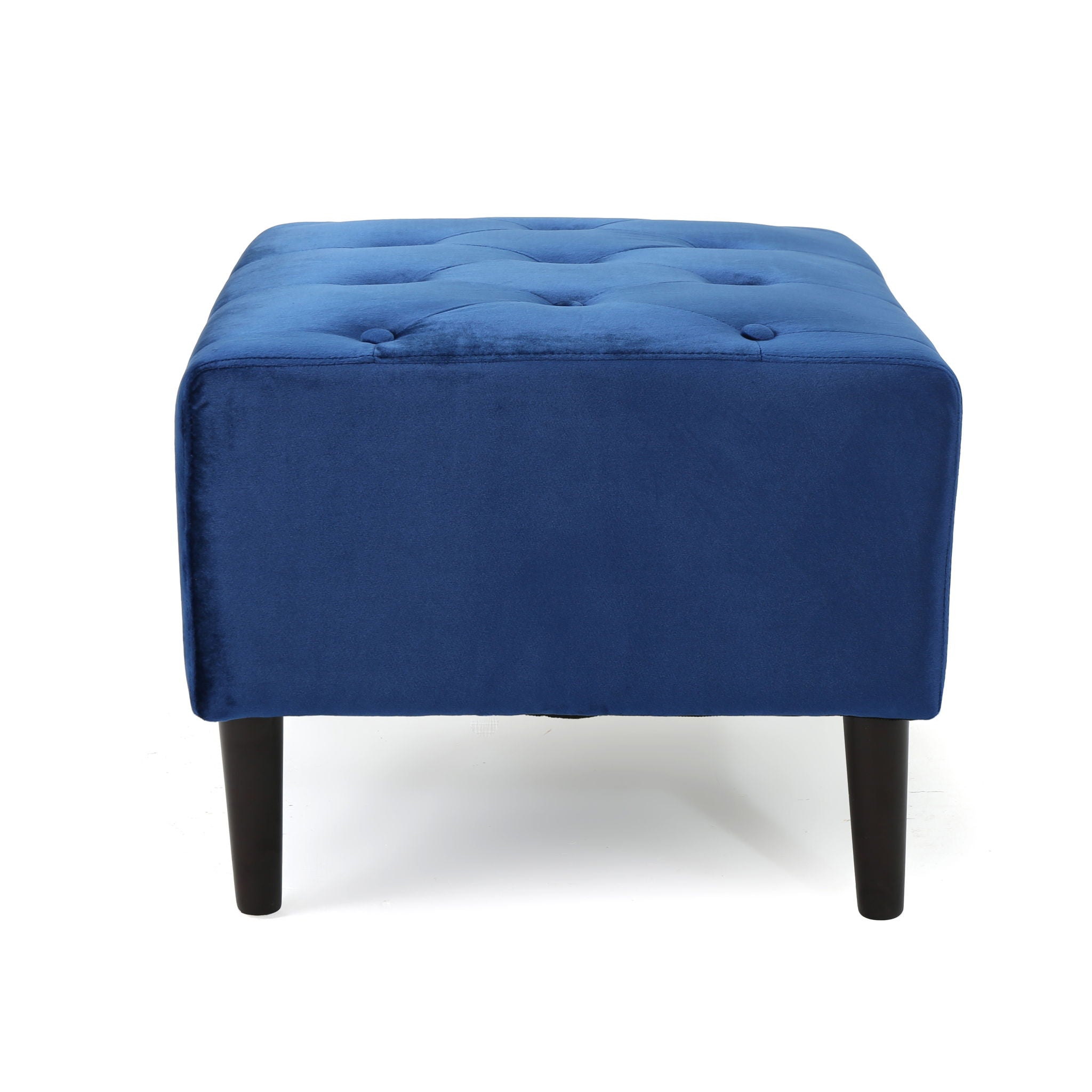 Mid Century Ottoman Velvet With Button Tufting With Birch Wood Legs - Navy Blue