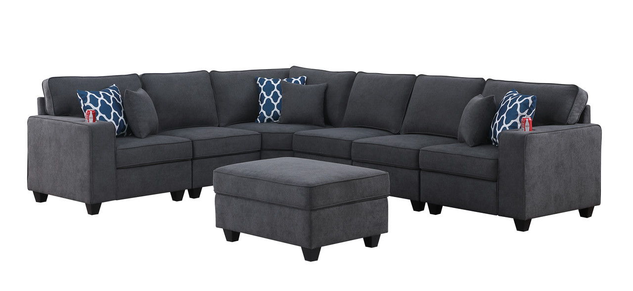 Cooper 125"W Stone Gray Woven Fabric 7Pc Reversible L-Shape Sectional Sofa with Ottoman and Cupholder