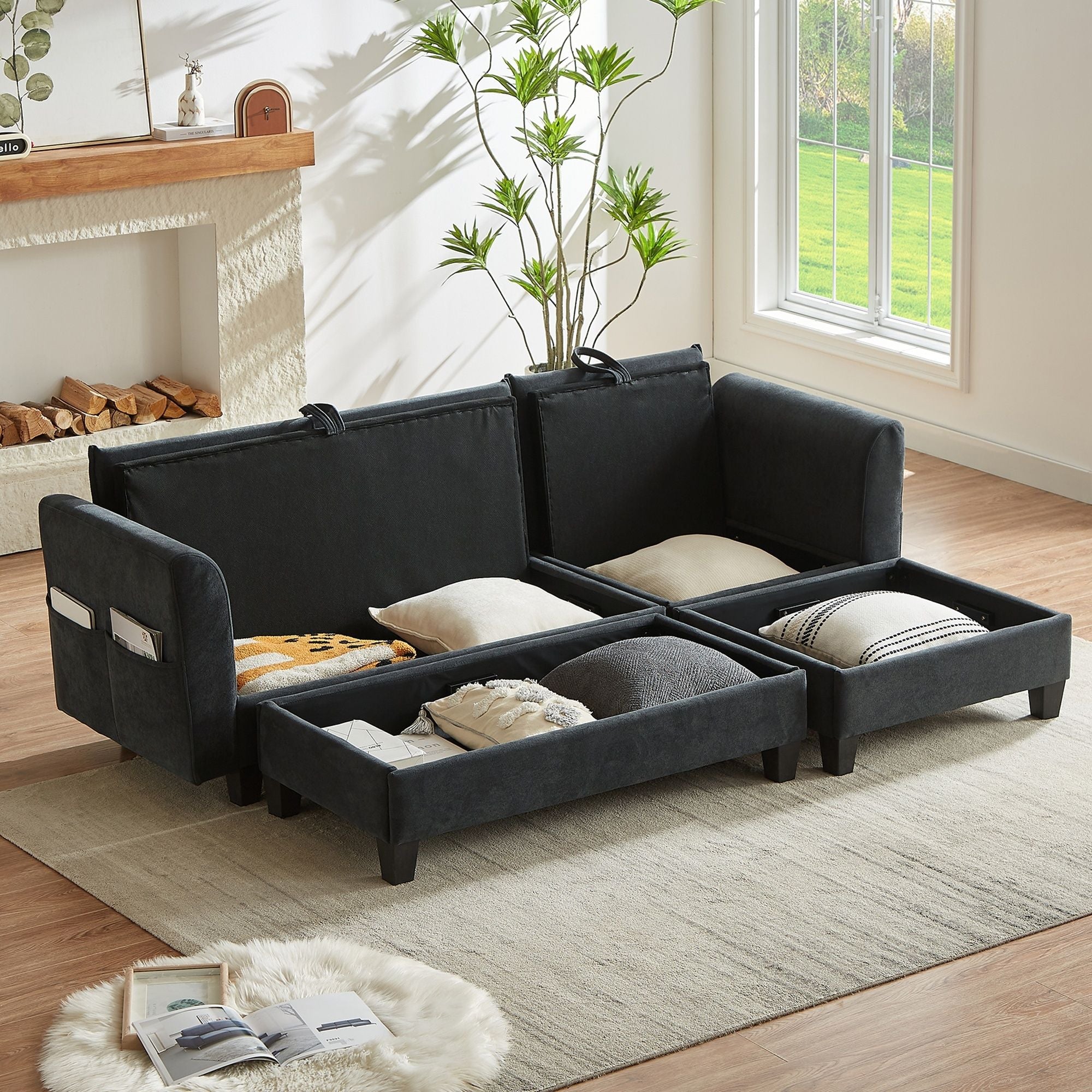 Upholstered L Shaped Sectional Sofa With Storage, Movable Ottoman, And 6 Throw Pillows