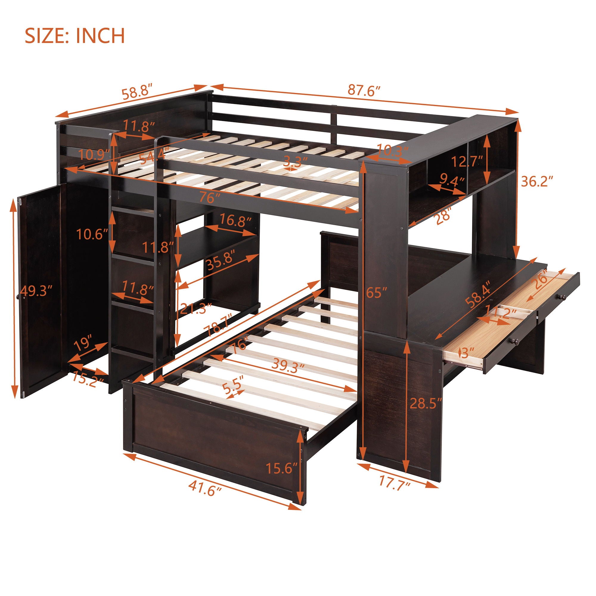 Loft Bed With A Twin Size Standalone Bed, Shelves, Desk, And Wardrobe
