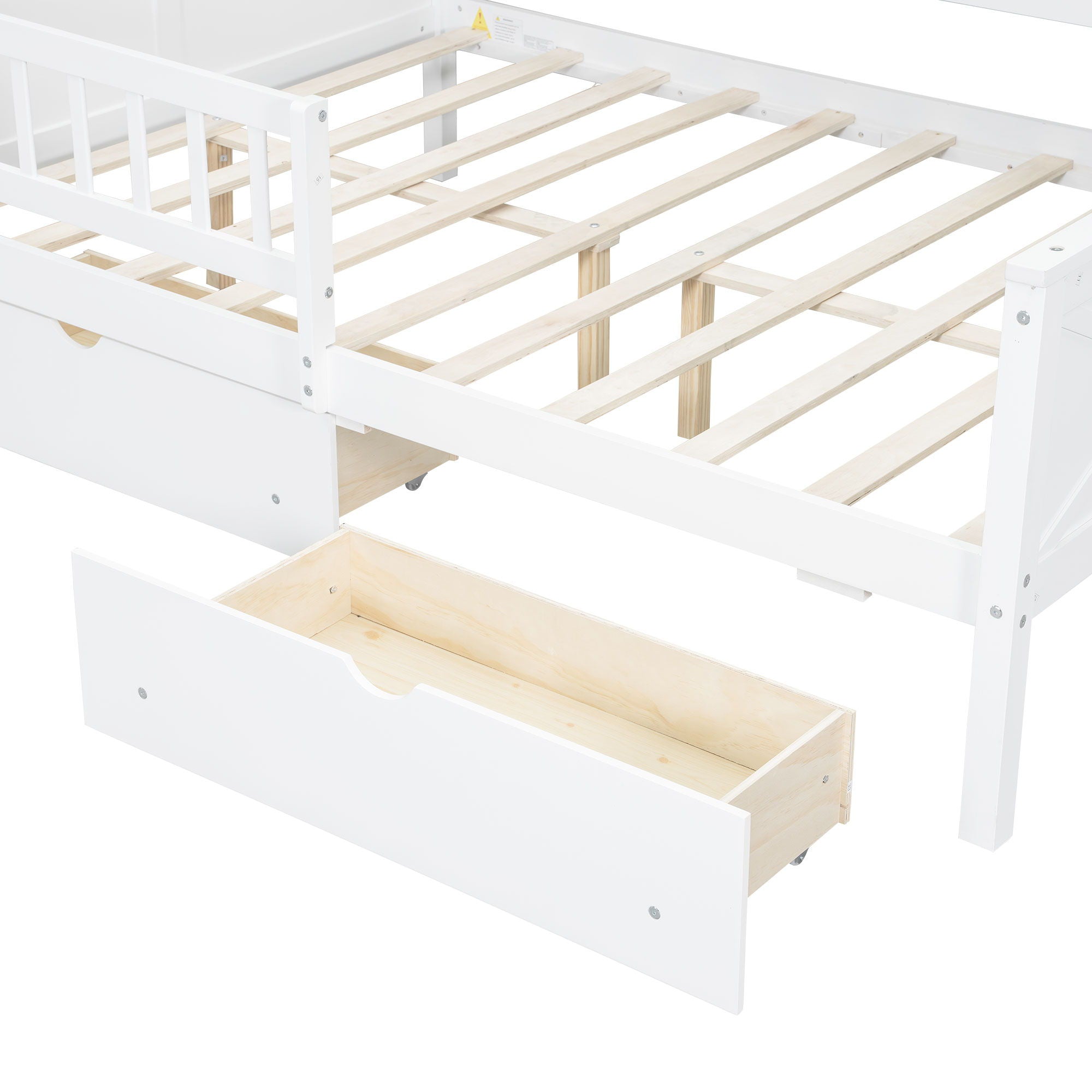 House Style Platform Bed With LED Lights, Storage Shelves, Drawers, And Guardrail